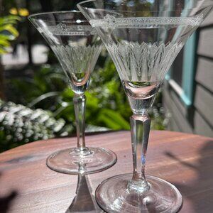Vintage Etched Champagne Glass, Greek Key & Lotus Design Set of 2